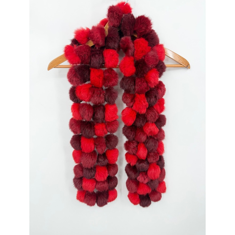 Unbranded Pom Pom Rabbit Fur Scarf Womens OS Red Burgundy Soft Winter Glam